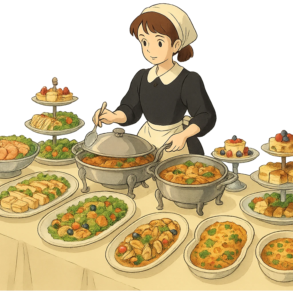 ghibli style buffet service with elegant food presentation emoji