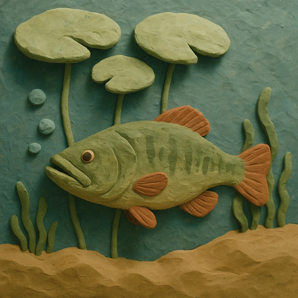 underwater scene with a bass and lily pads, soft lighting, textured look, claymation style emoji