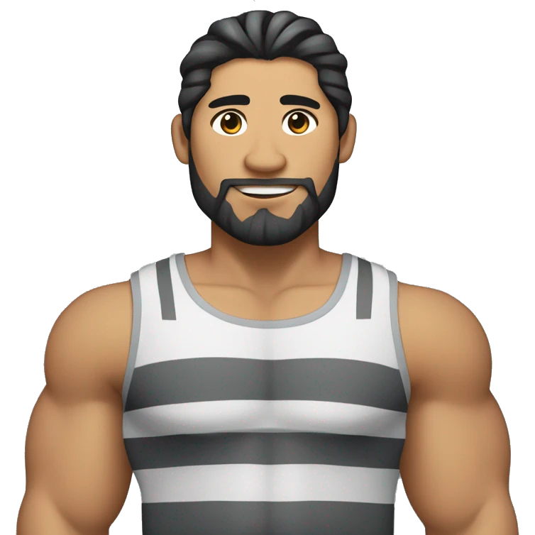  Asian Pilipino man with big muscular calves, beard and man-bun hair holding a cat that is grey and black tiger stripes  emoji