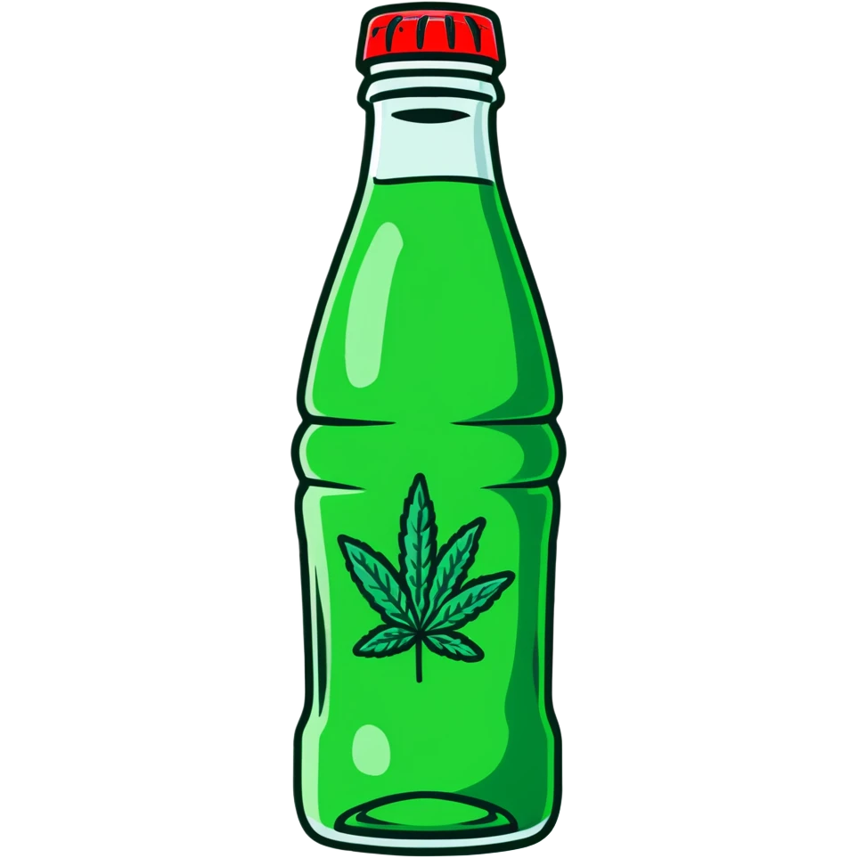 Classic Coca-Cola shaped glass bottle with curved contours, red color, with a cannabis leaf emoji