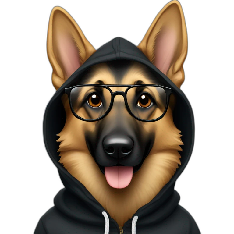 german shepherd with glasses in black hoodie behind macbook emoji