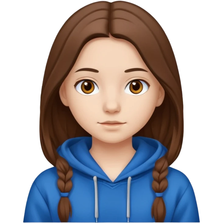 teen girl, white skin, long brown hair middle parted, brown eyes, blue hoodie emoji