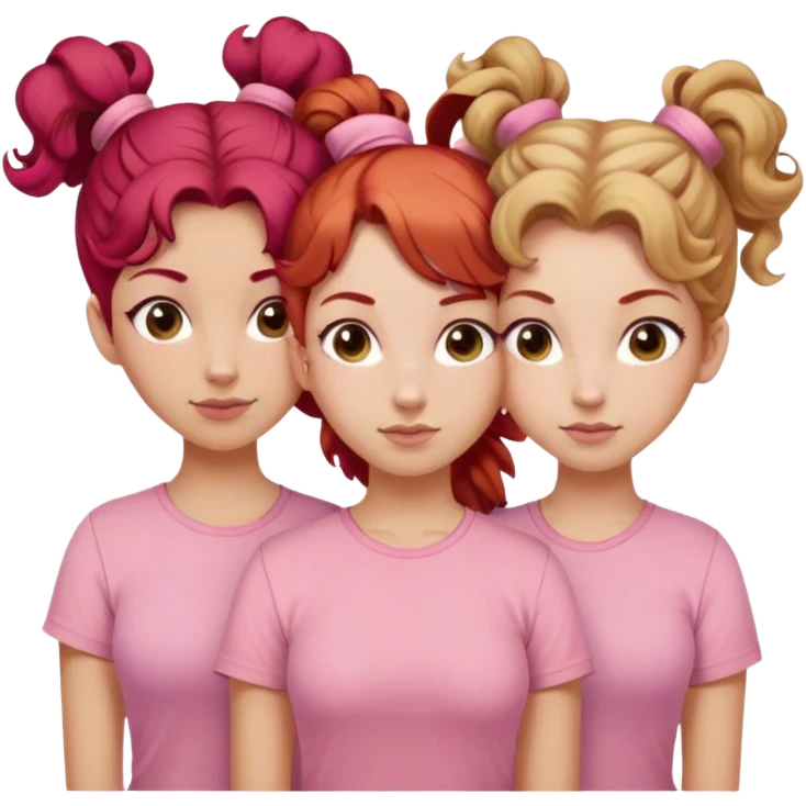 Three sisters one of them have red hair with buns. One of them have dirty blonde hair with ponytail. One of them have white curls with light brown hair hair and they are all wearing pink shirts emoji