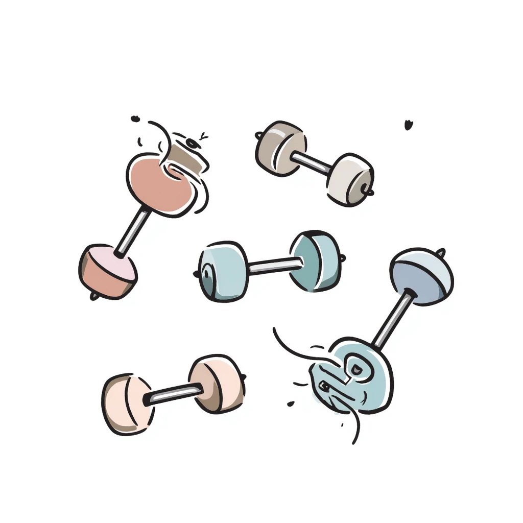A set of fitness dumbbells with hexagonal ends in pastel colors (dd9fb0, ffc6d3, a3bfc9, c4bee2, f1b091), hand-drawn doodle style emoji