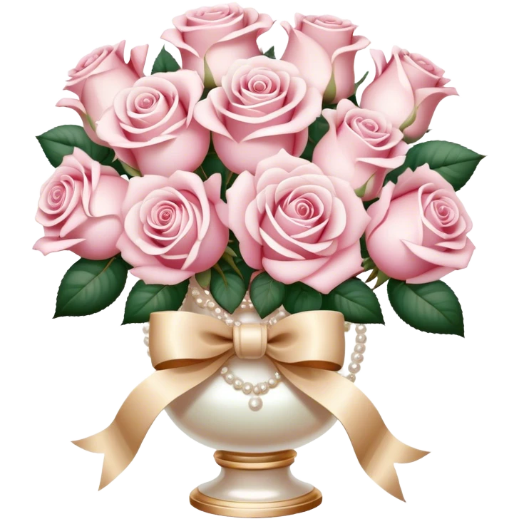 Realistic aesthetic powder pink and white  rose bouquet  in a pearl vintage vase and a beige bow with gold decoration  emoji