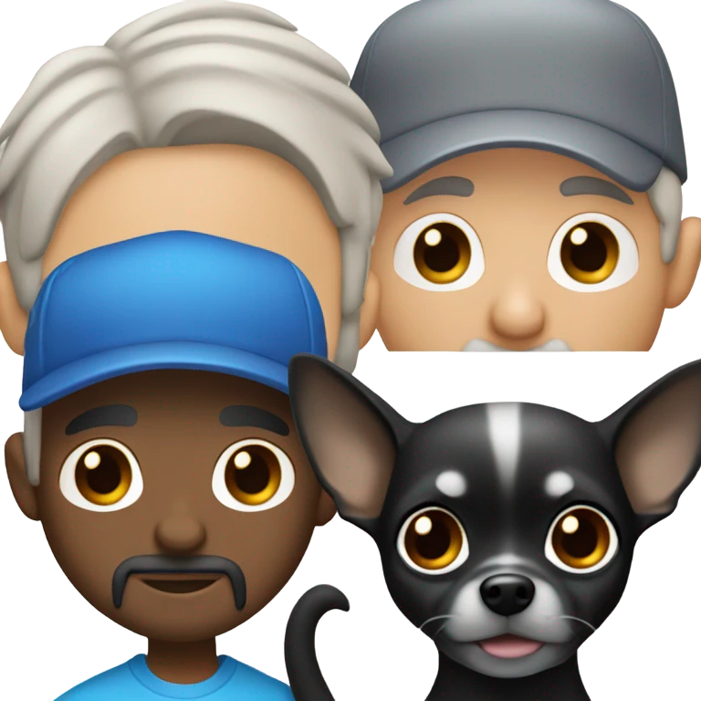 Man with blue eyes grey hair and grey goatee wearing ball cap holding long hair black chihuahua emoji