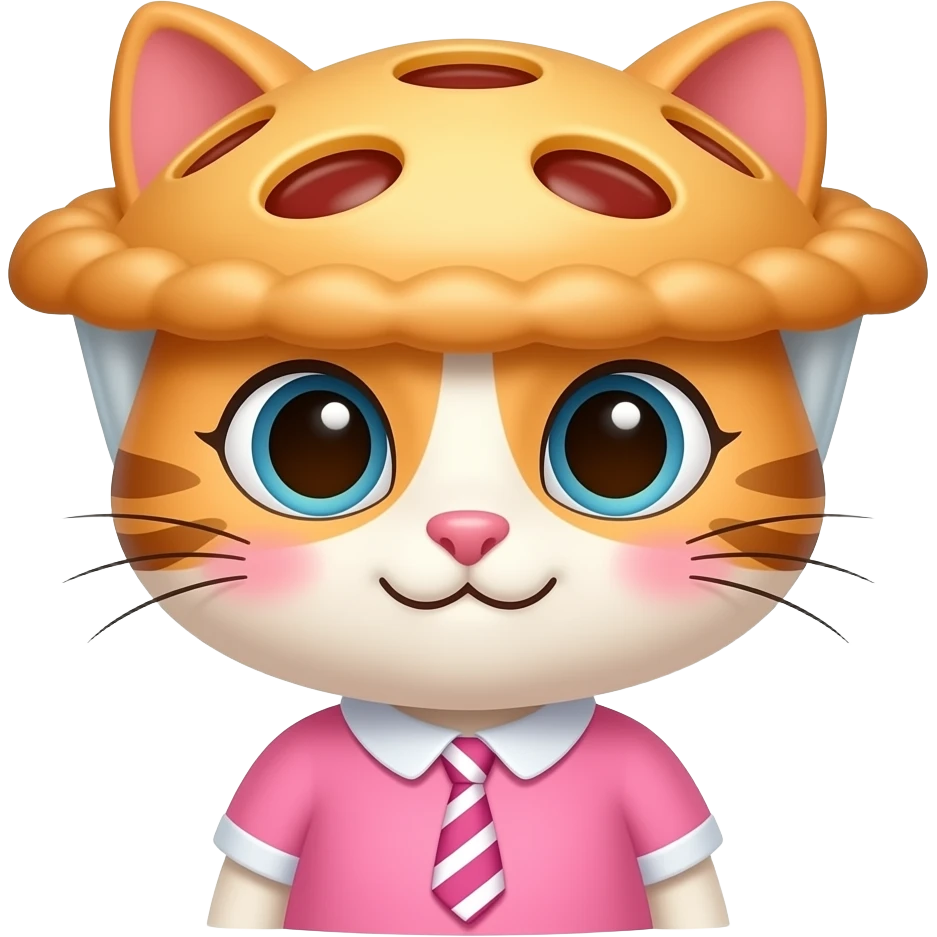 Cartoon mother cat wearing a pink dress and a tie around it's head making pie emoji