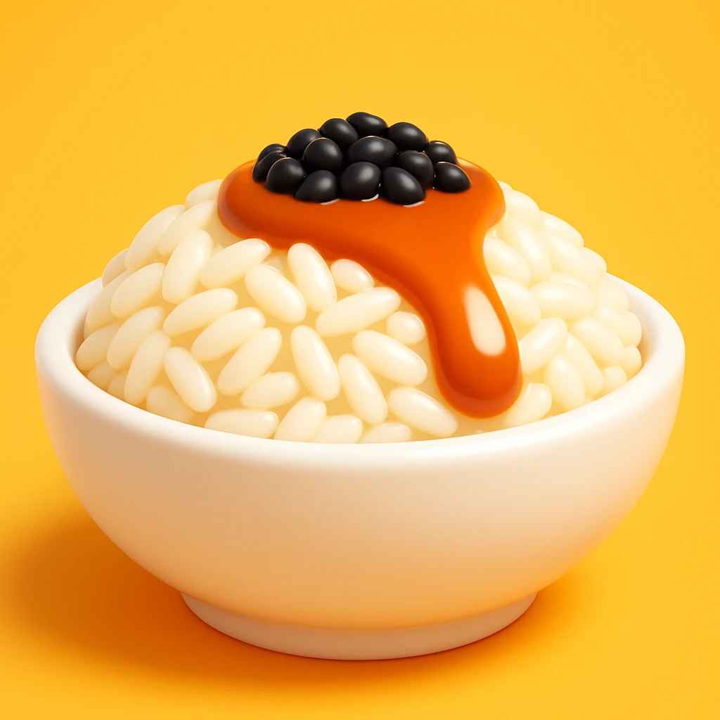 A dish of rice topped with black sesame seeds and soy sauce, 3D emoji style. emoji