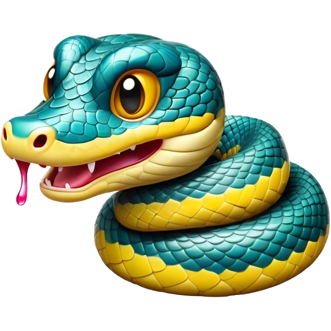 Cinematic Comical Chinese Water Snake Portrait Emoji, Head tilted dramatically with an exaggeratedly amused expression, featuring a striking, glossy scaled body with bold patterns and wide, expressive eyes filled with playful disbelief, Simplified yet hilariously expressive features, highly detailed, glowing with a slightly sassy aquatic glow, high shine, dramatic yet playful, stylized with an air of cheeky water mischief, soft glowing outline, capturing the essence of a spirited and over-the-top water snake that feels like it could slither its way into internet fame instantly! emoji