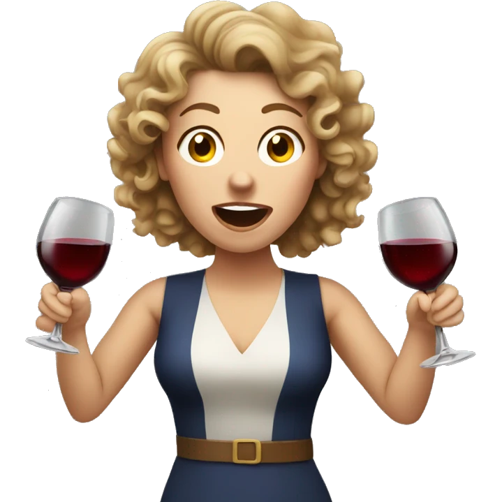 White Woman with curly brown hair drinking wine shouting emoji
