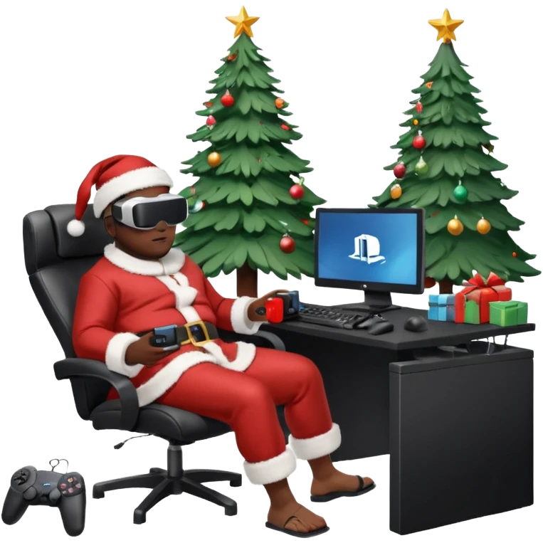 Informaticien homme noir full-body, week-end détente, assis à son bureau moderne avec ordinateur affichant du code. Il porte un casque VR et tient une manette PS 2025. À côté de lui, le Père Noël souriant, sapin illuminé et cadeaux autour. emoji