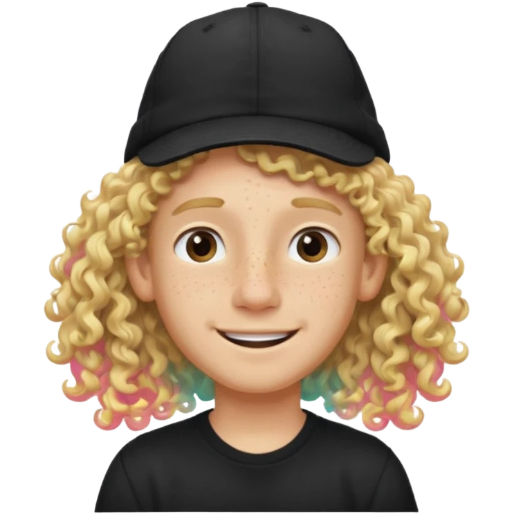 blonde boy with long curly hair past his hears and a LA hat, smiling, wearing a black shirt with freckles emoji
