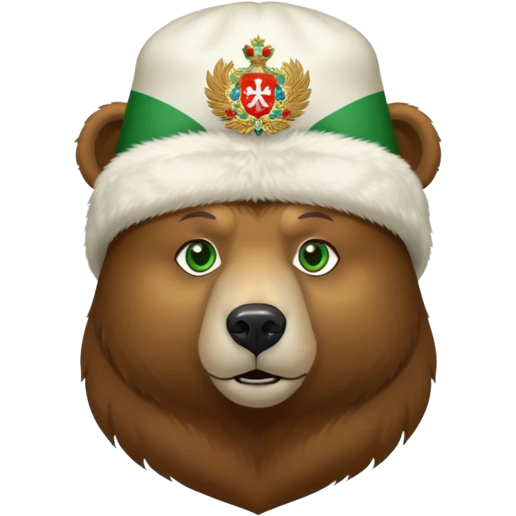 Bear head only, brown fur and green eyes, white ushanka hat with extremely accurate Russian Federation coat of arms with all correct elements and colors, iOS emoji style emoji