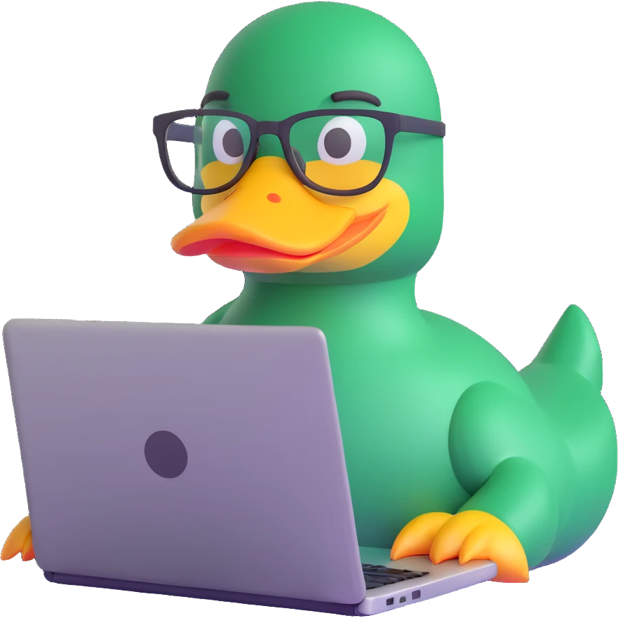 Animated duck wearing glasses, programming Python on a laptop emoji