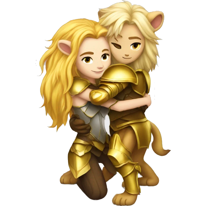 A lion leonin with golden armor hugging a female blonde elf  emoji