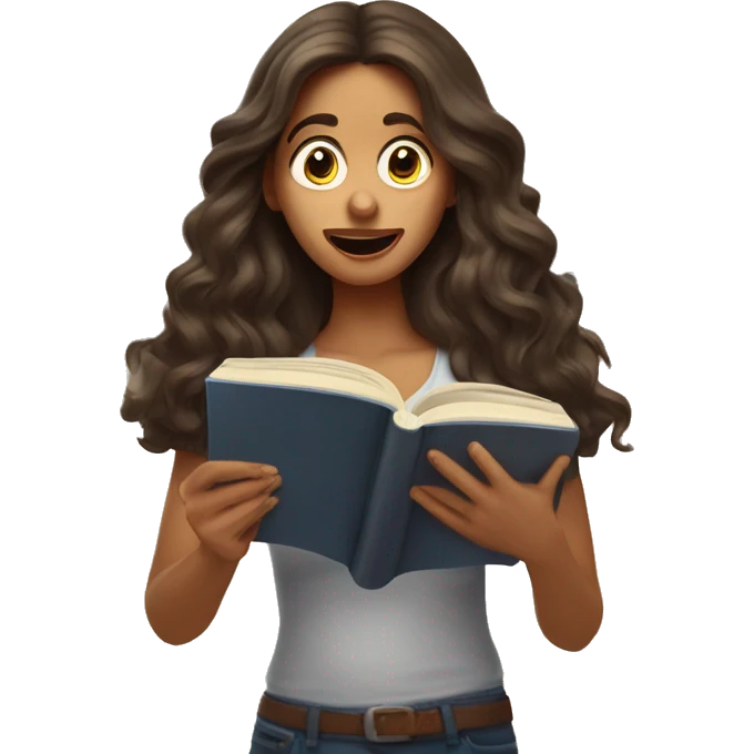 brunette long wavy hair woman shocked face while holding and reading book emoji