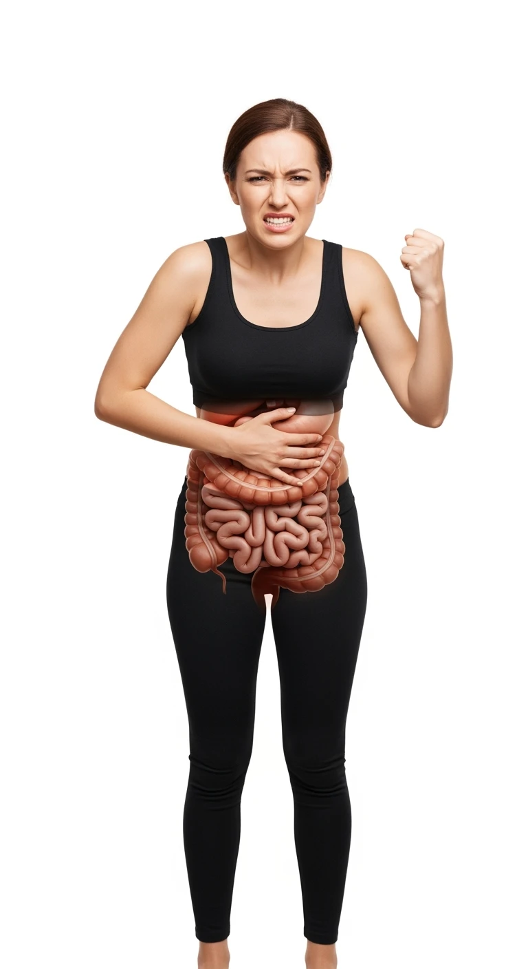 DONNA A FIGURA INTERA CON intestino ANATOMICO REALISTICO IN EVIDENZA, CON ESPRESSIONE DI DOLORE IN VOLTO PERCHé SOFFRE DI mal di pancia, SFONDO BIANCO emoji