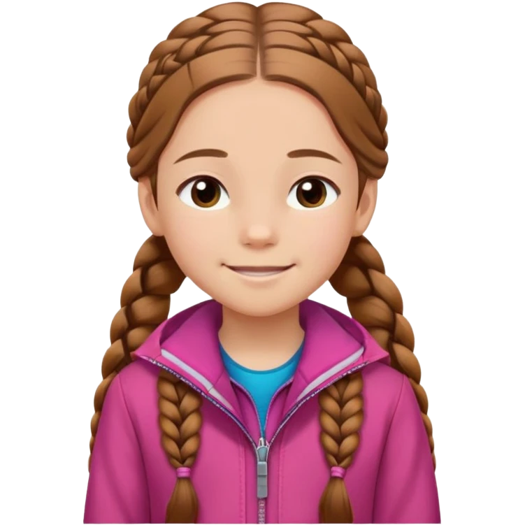 11 year oldGirl with White skin, hazel eyes. Long caramel brown hair with two braids and wearing a dark pink jacket. smiling with eyes closed emoji