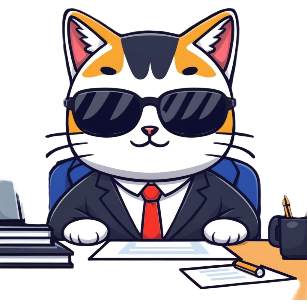 cat wearing glasses and business suit, sitting at office desk looking important emoji