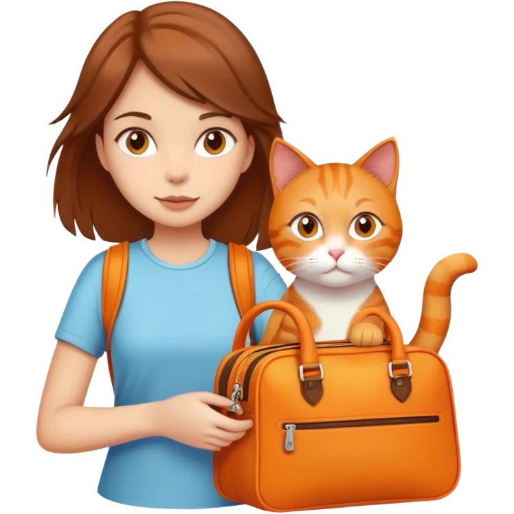 Girl with brown hair with orange cat and runaway bag emoji