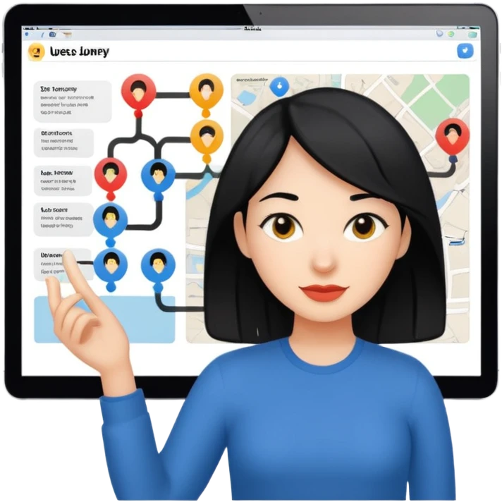female UX designer with black hair collaborating on a user journey map emoji