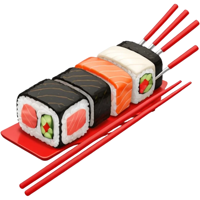 Japanese cuisine humanless avatar in minimalist emoji-style illustration. Sushi, roll and 2 chopsticks, clean lines, red white colors, flat design, calm and modern. emoji