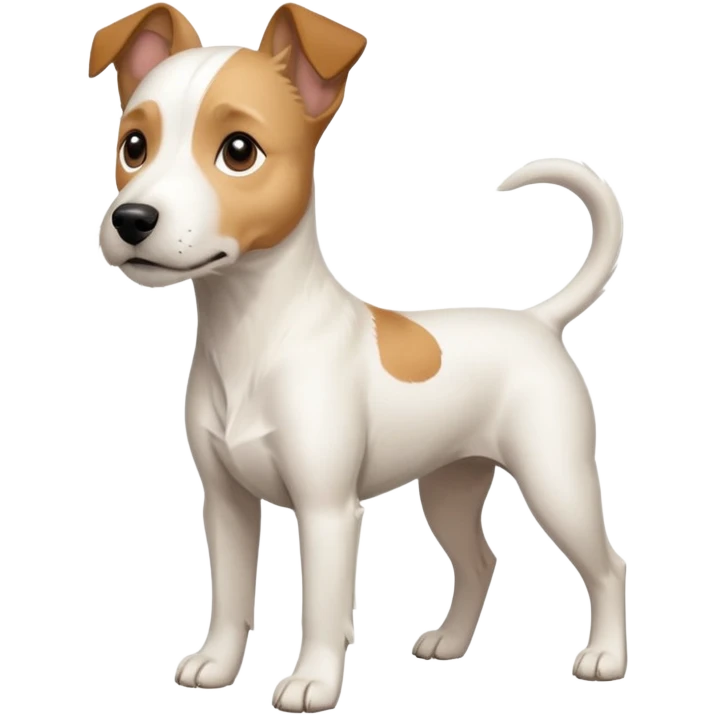 a full body facing front on of a buff white parson russell terrier looking dog the size of a kelpie with light brown long ears and a light brown patch on one eye and a large snout. the rest of the dog is completely white.  emoji