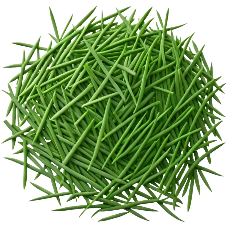 loose scatter of finely chopped dry green herb bits, short tubular shapes, crisp matte texture, uniform thin straight pieces, vibrant to muted green tones, evoking dried chive stalks, soft lighting, subtle shadows, emoji scale emoji