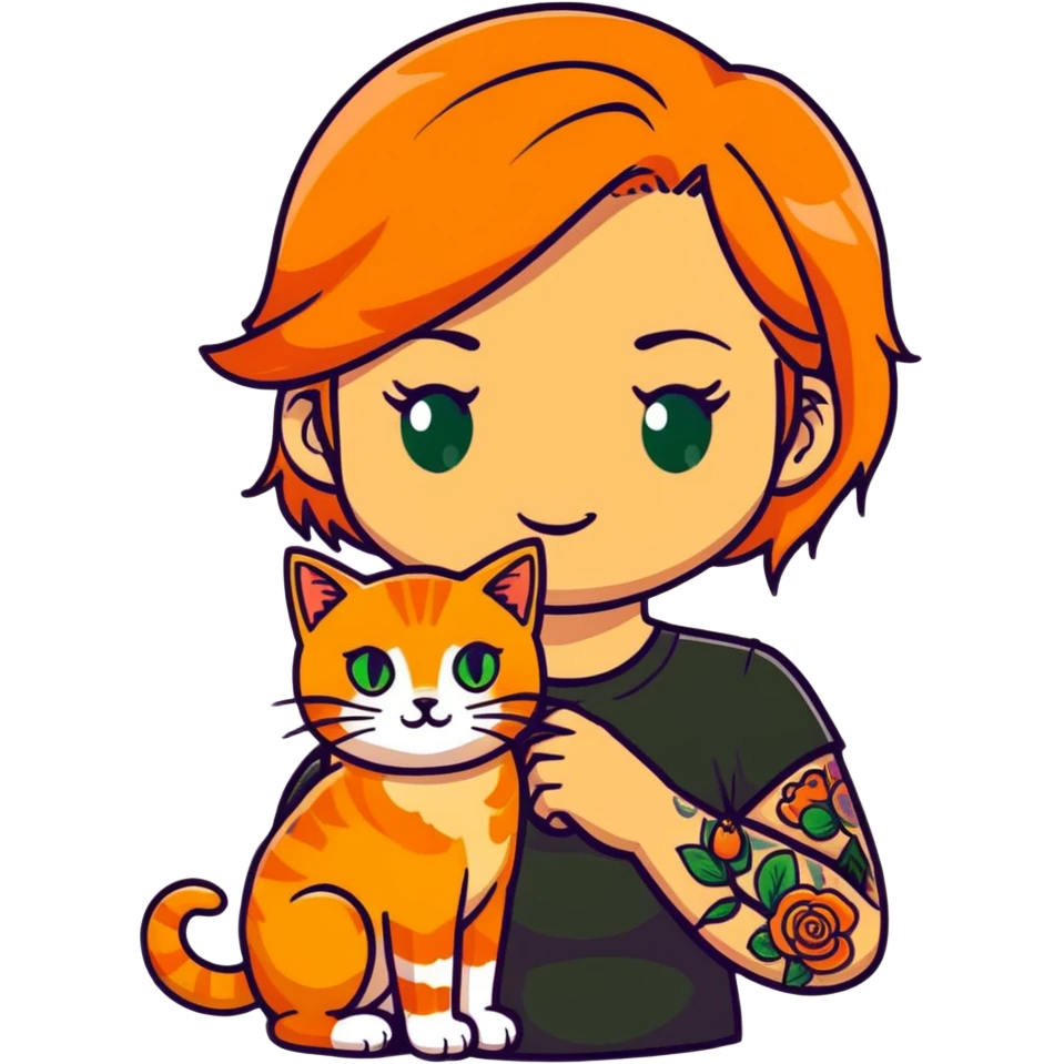 Blonde woman with tattoos and green eyes holding a orange tabby cat emoji