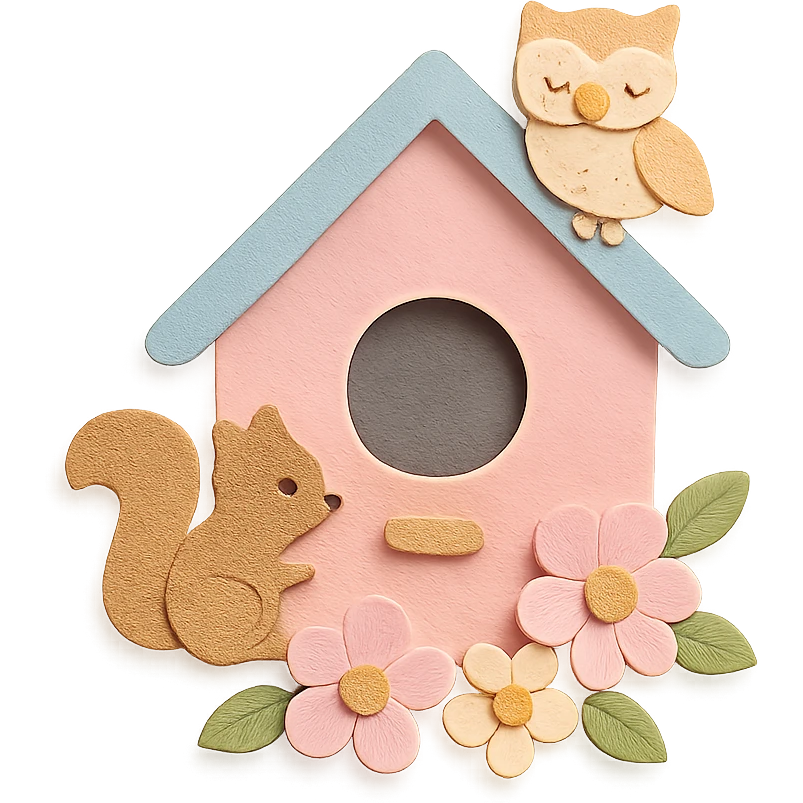 a cozy birdhouse with flowers and forest creatures, soft pastel colors, paper craft style emoji