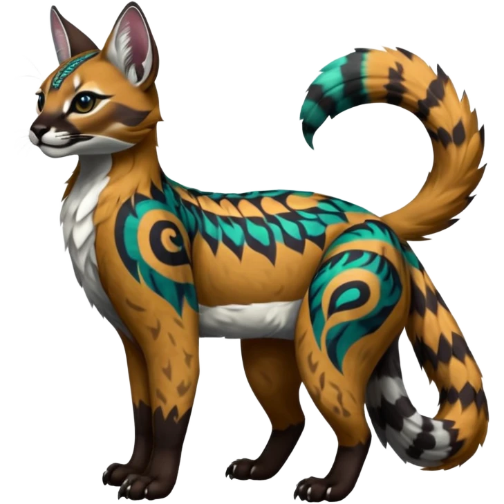 Colorful dark tropical tribal glorious divine exotic cute cool beautiful beautiful fantasy-caracal-civet-genet-sergal-vernid-Gryphon-Cacomistle-Trico-oncilla-animal-Fakémon-hybrid-fursona (full body) emoji