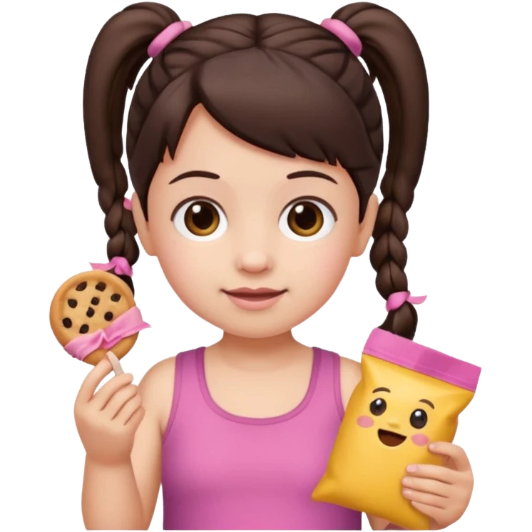 Toddler emoji with two pigtails dark brown hair, fair skin, in pink top, holding toddler snacks emoji
