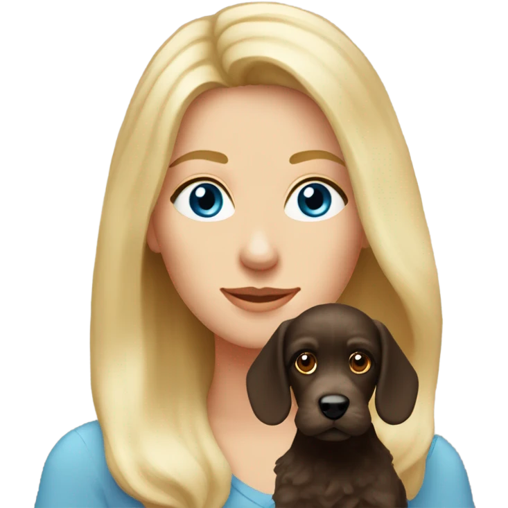 Old blue eyed blonde lady with long straight hair with dark brown Cockapoo puppy dog emoji
