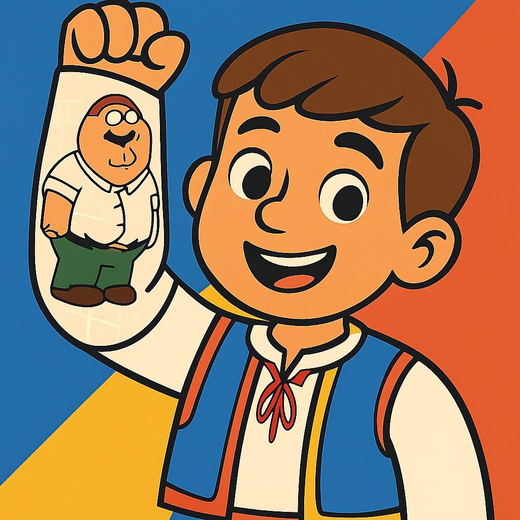 romanian boy with light skin and medium brown hair, holding up his arm in a cast, with a cartoon drawing of Peter Griffin on the cast emoji