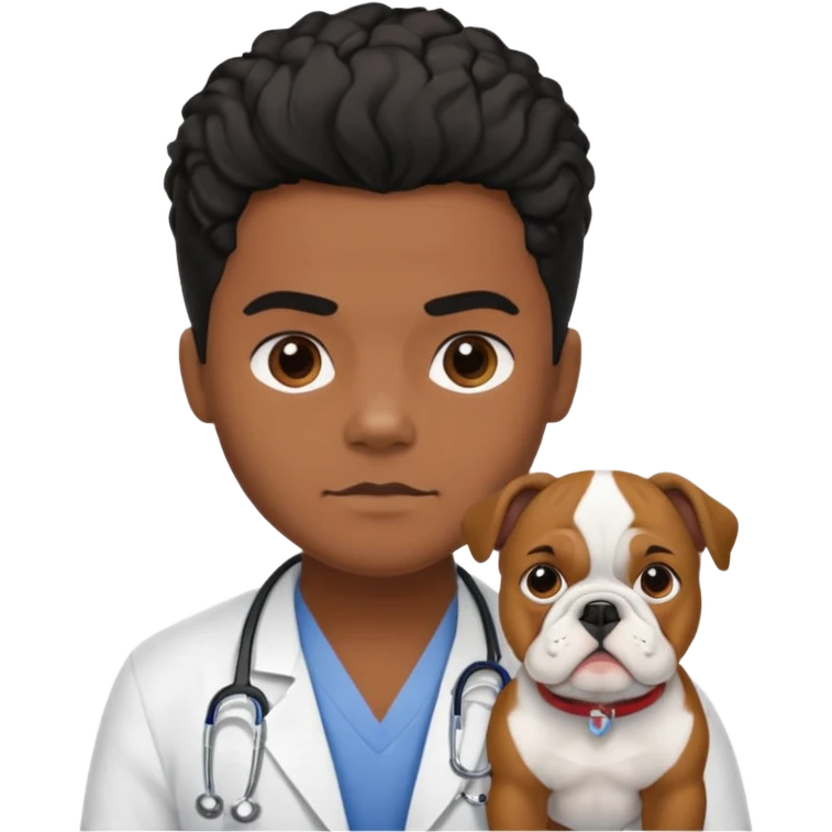 joven médico con el pelo un poco largo pero no tanto y lacio, que tenga un estetoscopio de color de piel tez negra calida !!! que sostiene un bulldog francés blanco emoji
