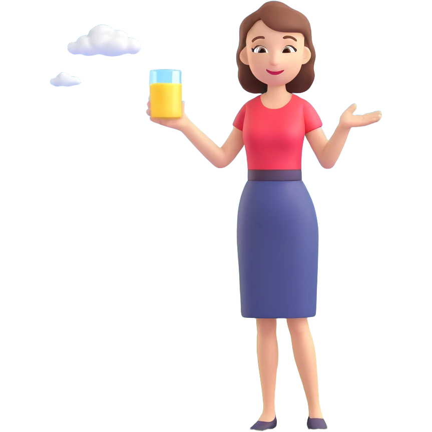 woman demonstrating a product to customers outdoors, with a sunny sky and green grass emoji