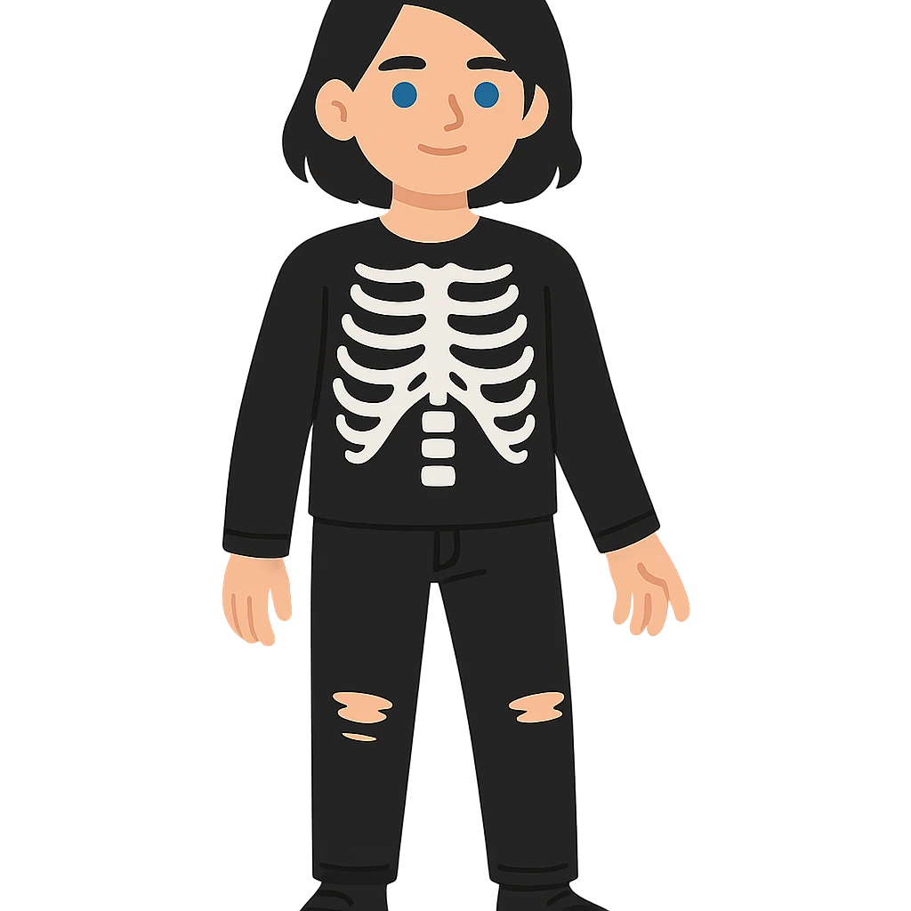 flat toon style black-haired, blue-eyed person wearing a black skeleton top and ripped black jeans emoji