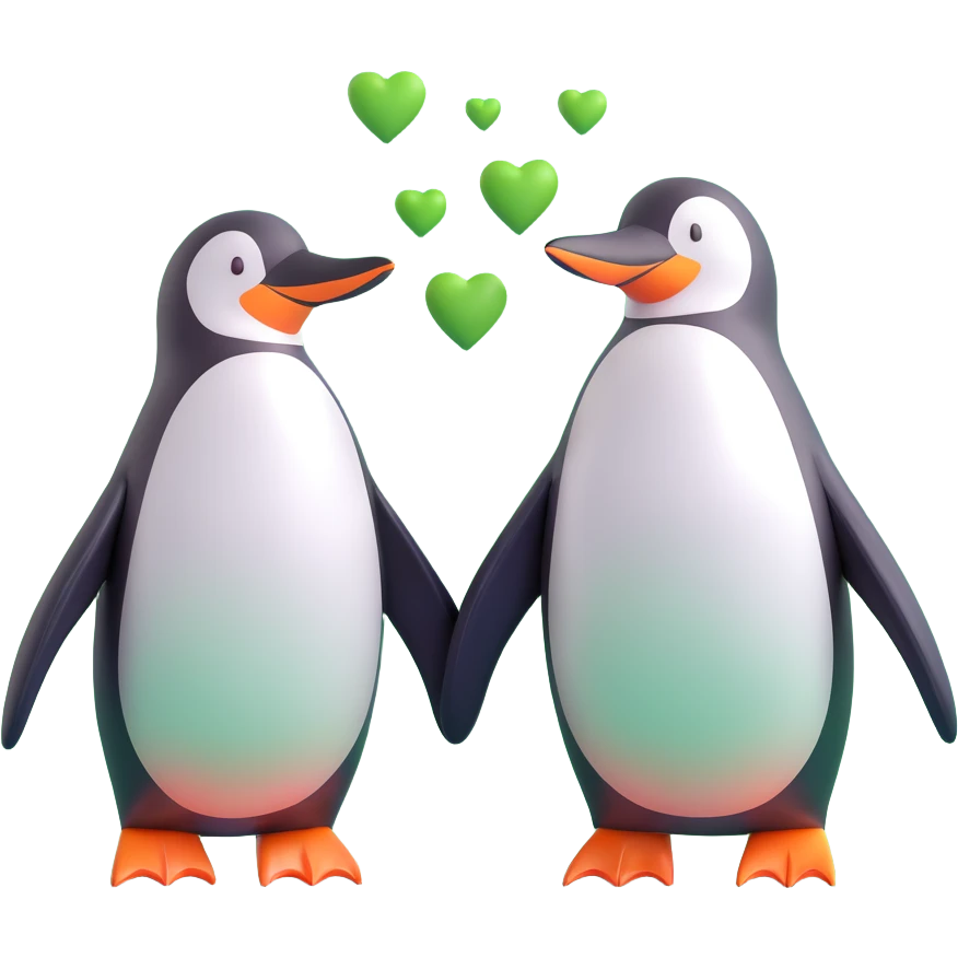 two cute and affectionate penguins as a couple facing each other with green hearts floating around them emoji
