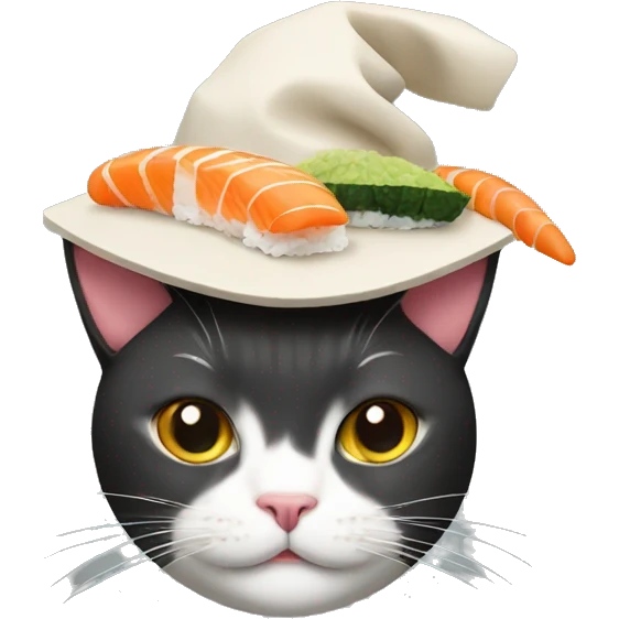 Cat wearing a hat made out of sushi emoji