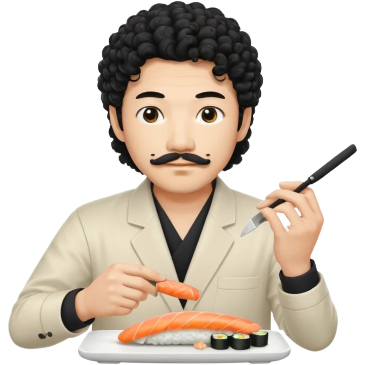 un coreano che taglia sushi con i baffetti capelli ricci e lunghi  neri con un IQOS in mano  emoji