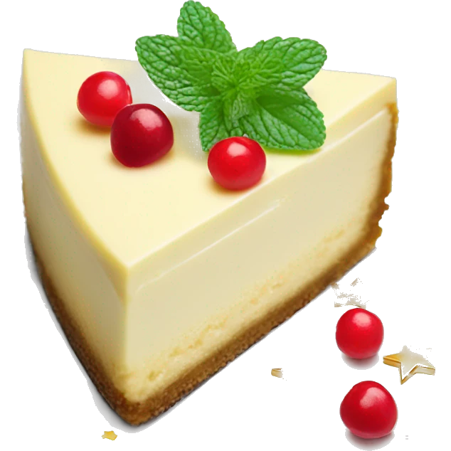 Festive cheesecake slice topped with red berries, edible gold stars, and a sprig of mint emoji