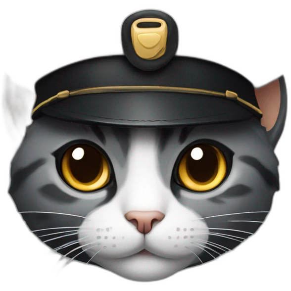 full grey and black calico cat face wearing a pilot hat emoji