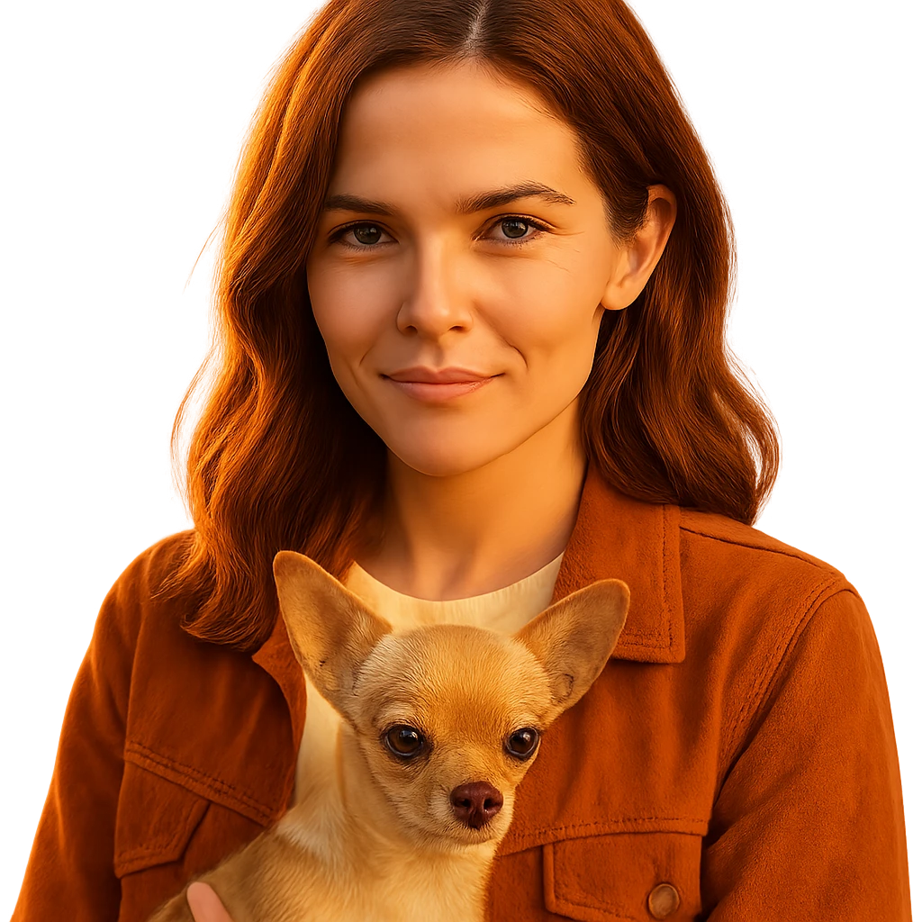 portrait centered of a woman inspired by Zoe Deutch's face, tanned skin, subtle freckles, playful and determined expression, medium-length brown hair with auburn highlights, wearing a shirt color #FFF8CA and a rust-colored jacket, holding a beige-brown chihuahua, golden hour lighting effect, transparent background, Netflix series style emoji