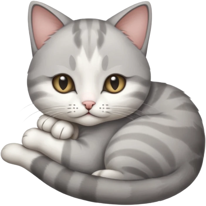 1 grey and white small cat with its eyes closed lying down leaning on its elbow with its paw curled under his head holding it up emoji