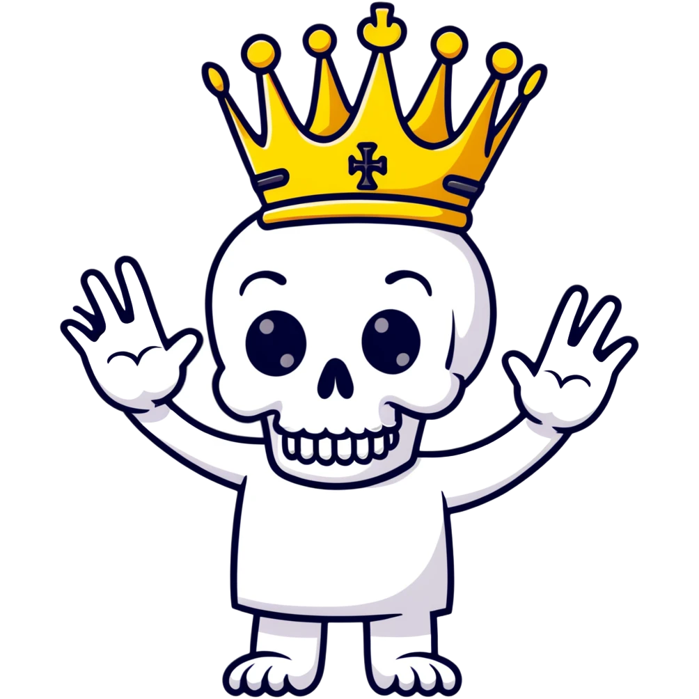 shocked skull with crown, hands raised to head in disbelief, black and white emoji