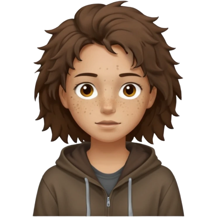 Hobo tomboy with light skin, freckles, dark brown shoulder-length hair in a messy style. Brown eyes, dark brown hoodie, brown shirt. emoji