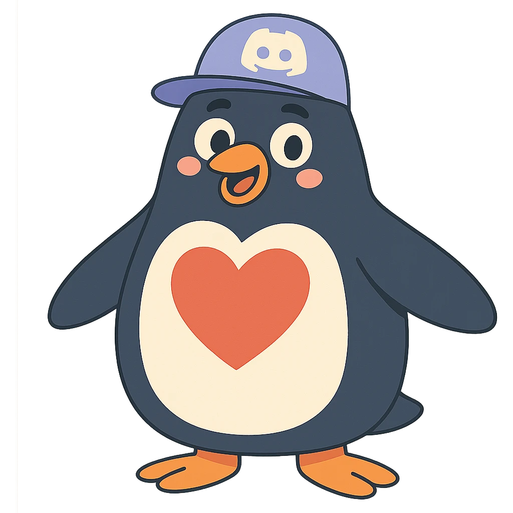 large penguin with a hat featuring the Discord logo and a large heart on chest emoji