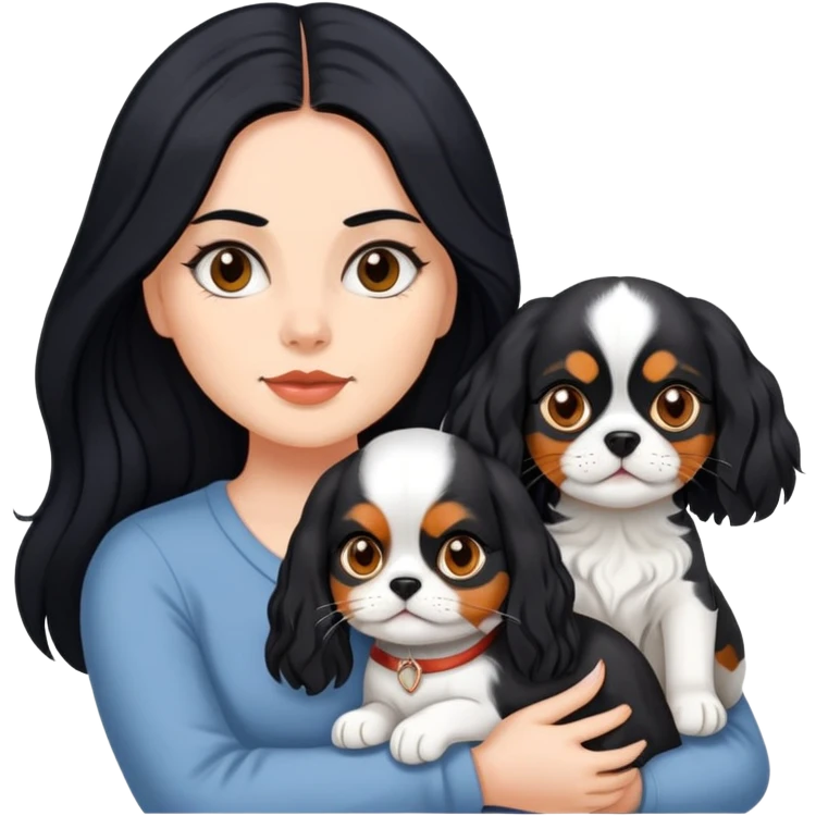 woman with long black hair holding an American Shorthair cat and a Cavalier King Charles Spaniel dog emoji