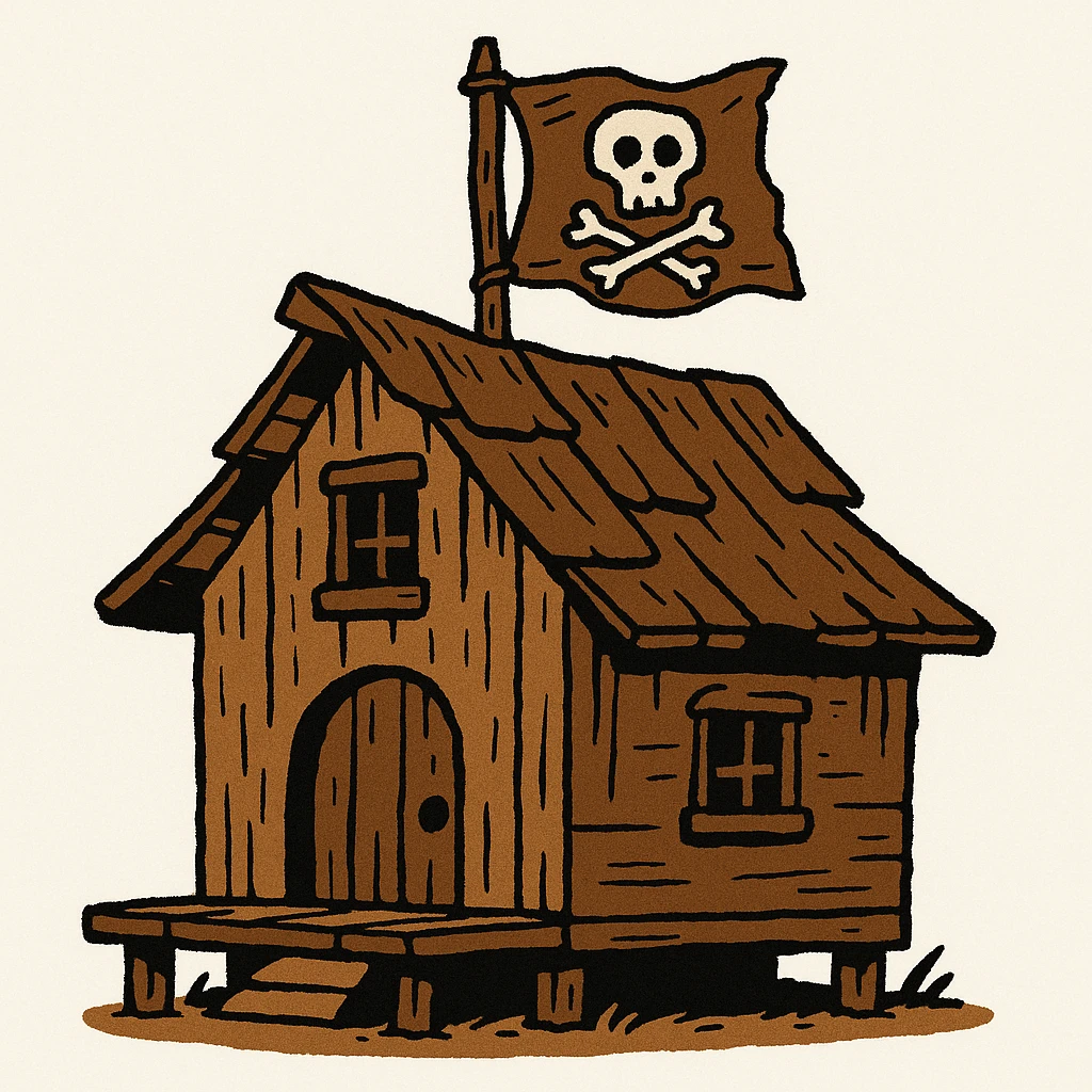 old pirate's house with skull flag emoji