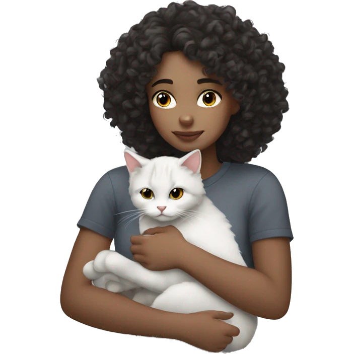 White Girl dark curly hair cuddling with grey cat emoji
